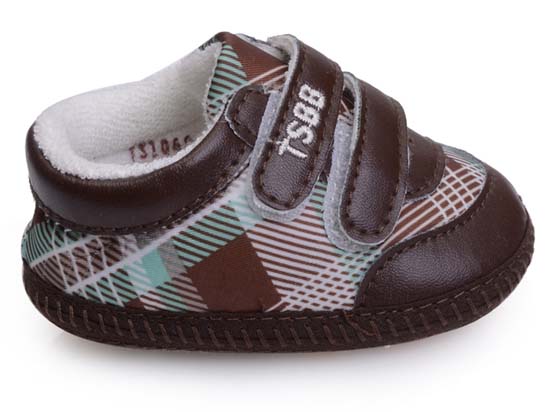 天使之嬰提花布+PU幼兒學步鞋咖色