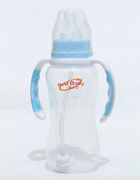 新兒寶藍白色標口240ml雙色雙耳自動菱腰形PP奶瓶