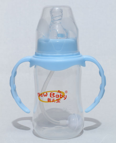 新兒寶天藍(lán)色雙耳自動圓腰形PP奶瓶120ml
