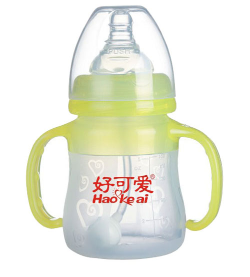 好可愛(ài)雙柄自動(dòng)吸管寬口弧形硅膠奶瓶150ml