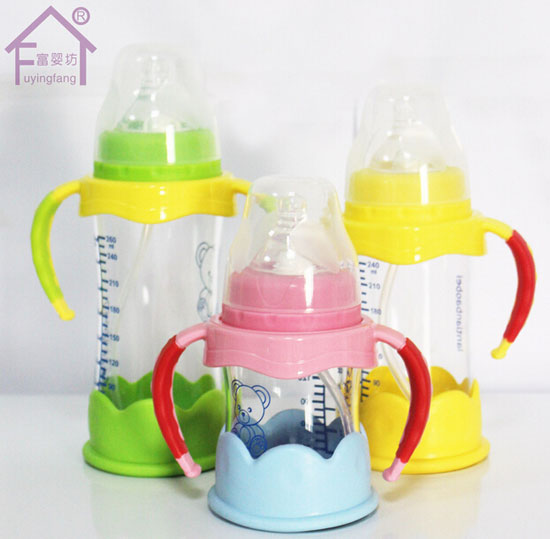 富嬰坊帶手柄寬口高硼硅玻璃奶瓶三色