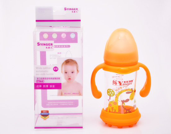 尚yinge寬口抗摔自動有柄玻璃奶瓶210ML橙色