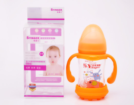 尚yinge寬口抗摔自動有柄玻璃奶瓶150ML橙色