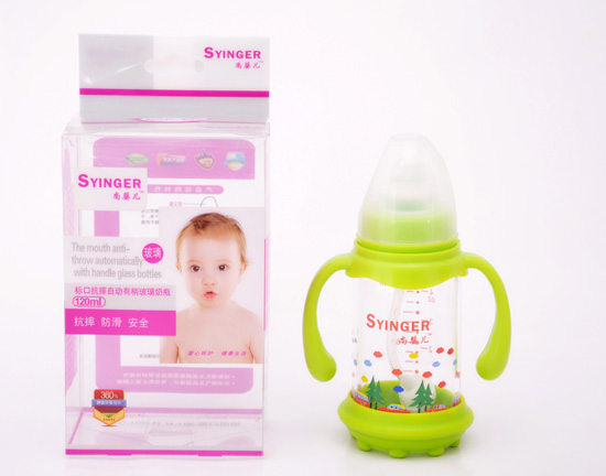 尚yinge標(biāo)口抗摔自動有柄玻璃奶瓶120ML綠色