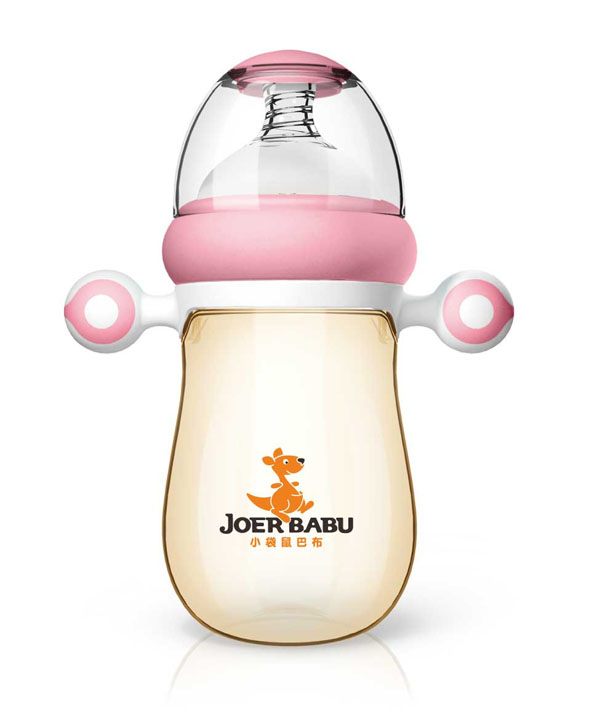小袋鼠巴布自動按摩手柄PPSU寬口奶瓶260ml粉色