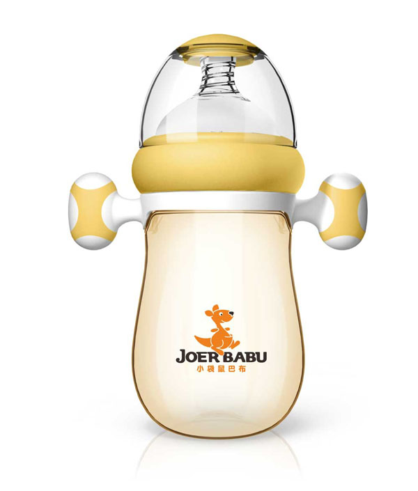 小袋鼠巴布自動按摩手柄PPSU寬口奶瓶260ml黃色