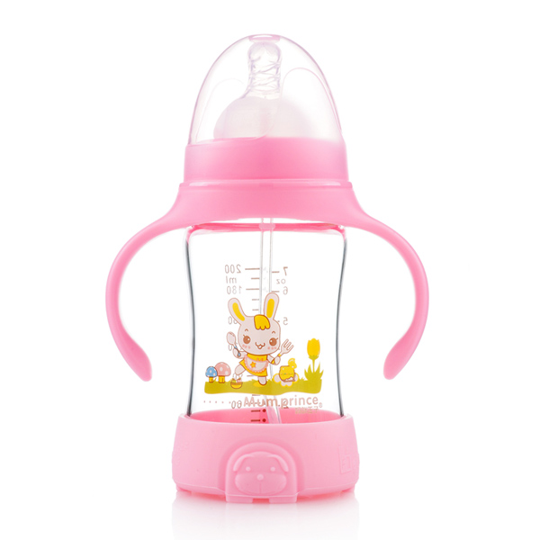 媽咪王子防摔晶鉆玻璃自動(dòng)吸寬口200ml奶瓶 粉色