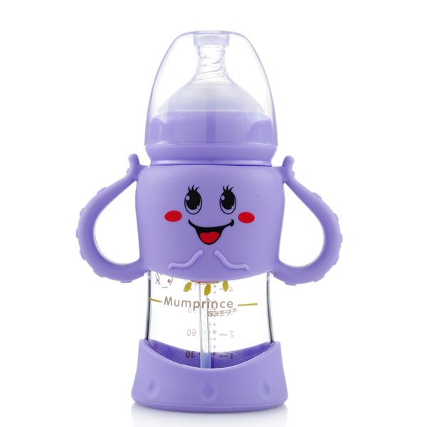 媽咪王子寬口晶鉆玻璃自動(dòng)吸卡通奶瓶200ml 紫色