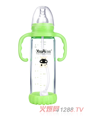 幼愛帶柄自動吸防摔感溫晶鉆玻璃標口奶瓶240ml
