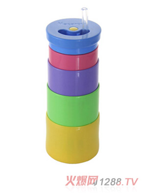 馬卡龍奶嘴硅膠伸縮水杯 帶吸嘴 黃底藍蓋 400ml