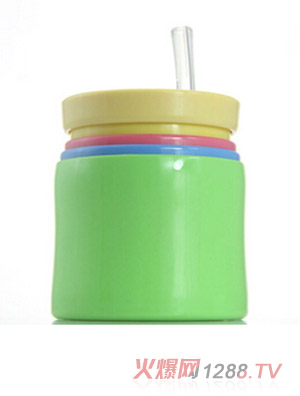 馬卡龍奶嘴硅膠伸縮水杯 帶吸嘴 綠底黃蓋 400ml