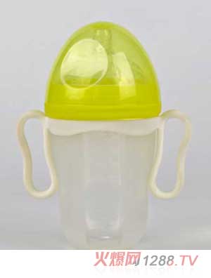 亨特貝貝超寬口硅膠奶瓶250ml帶手柄黃色