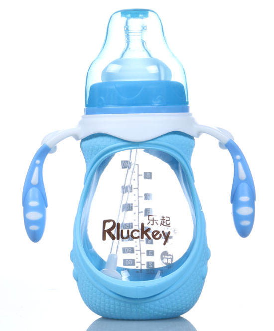 樂起240ml防摔玻璃奶瓶藍(lán)帶柄